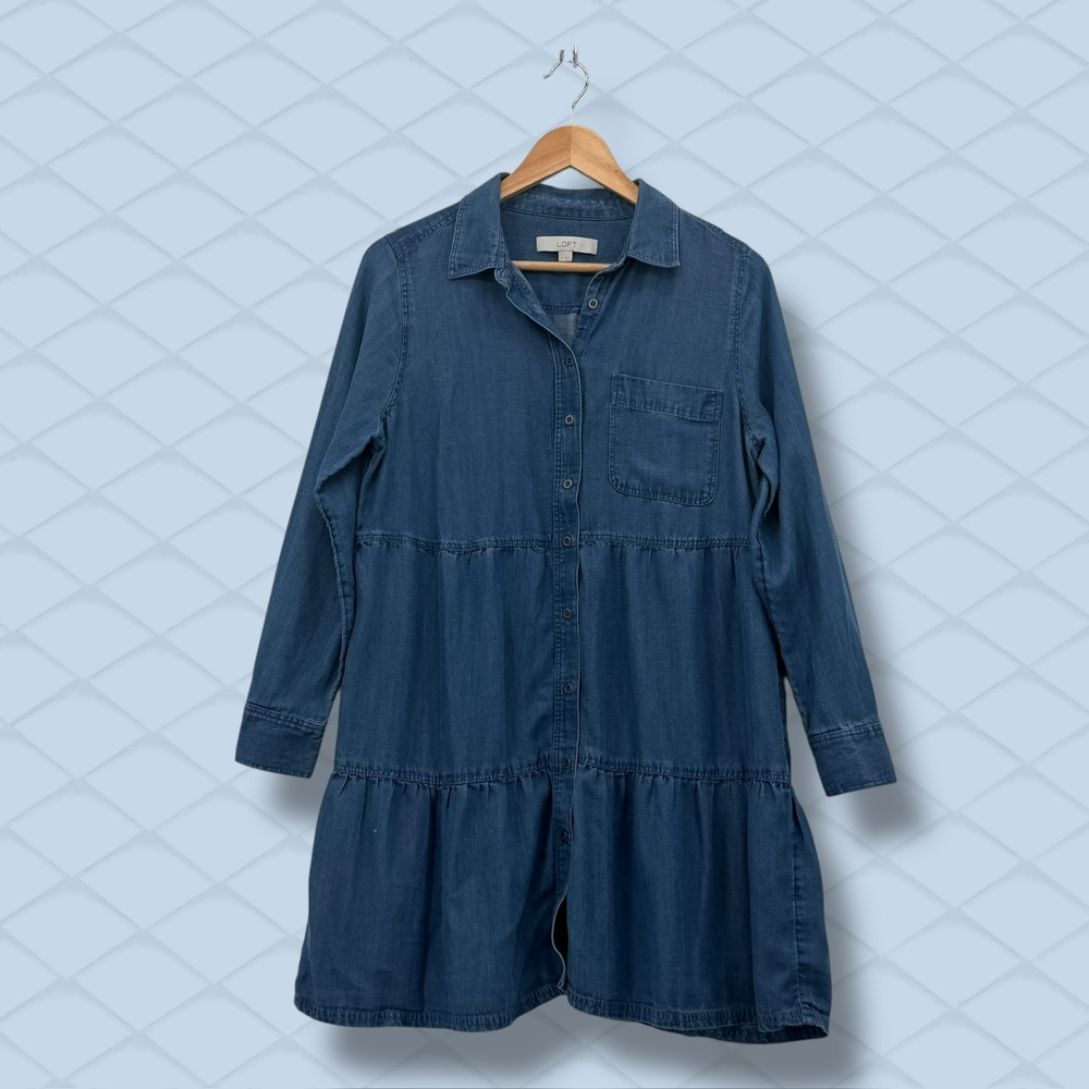 Loft Tiered Lyocell Linen Denim Button Down Shirt Dress M